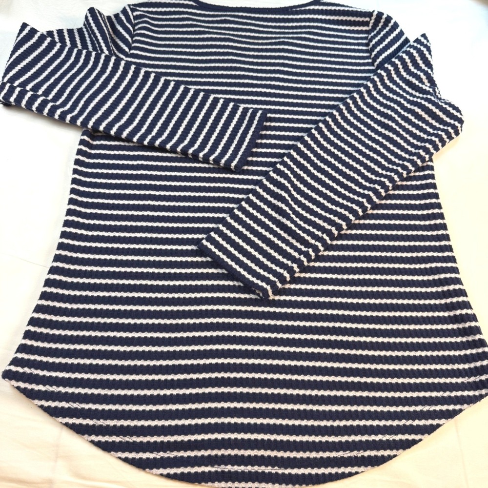 Loft Waffle Knit Top Womens L Navy Blue White Striped Long Sleeve Casual NWT - Picture 9 of 9
